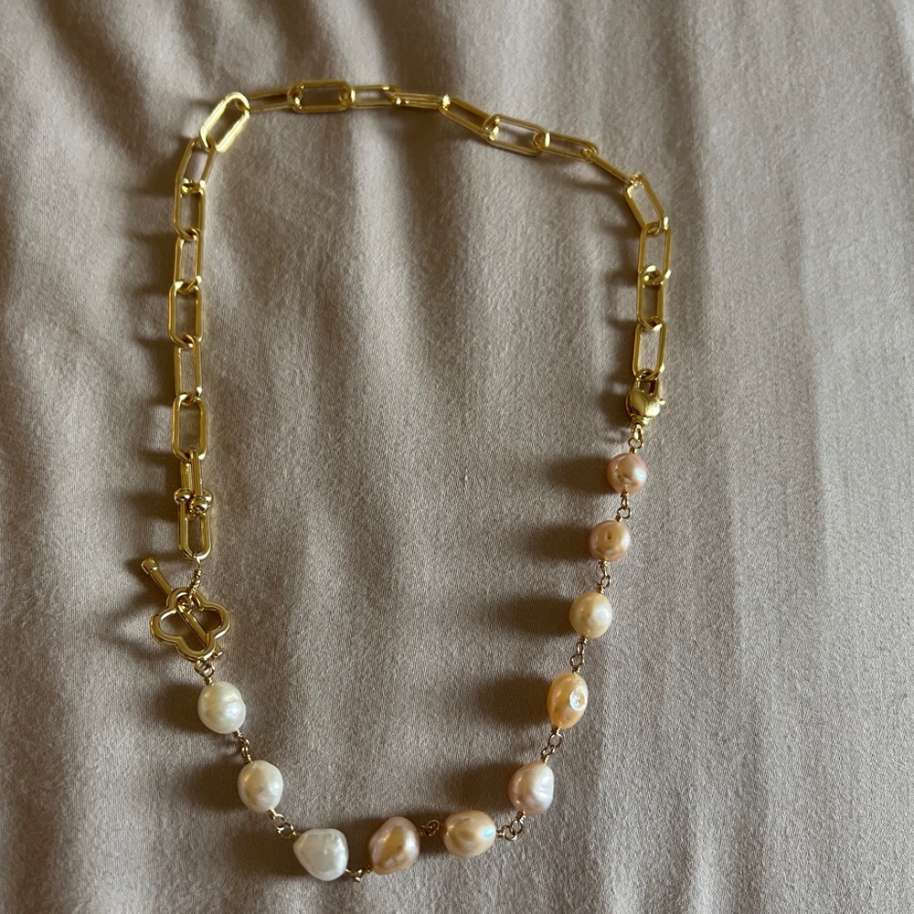NEW Charlene K Gold Plated White Pearl Precious Stone Gemstone U-Lock Necklace